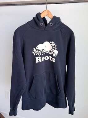 Roots Canada Beaver Logo Heritage Hoodie L 25.25x27 Deep Navy Blue Dark Charcoal